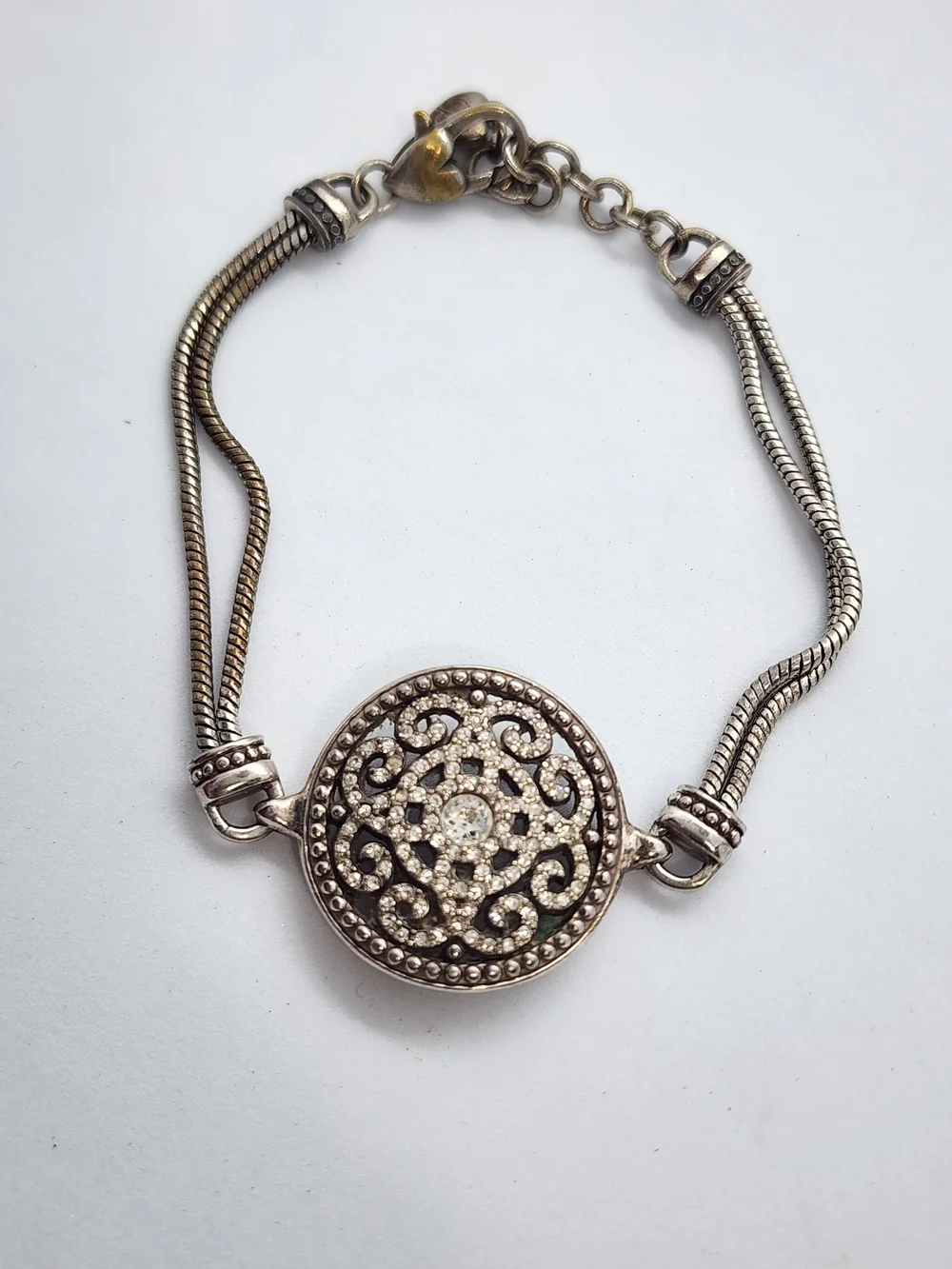 Retired Brighton Illumina Crystal Medallion Silver Plated Double Chain Bracelet